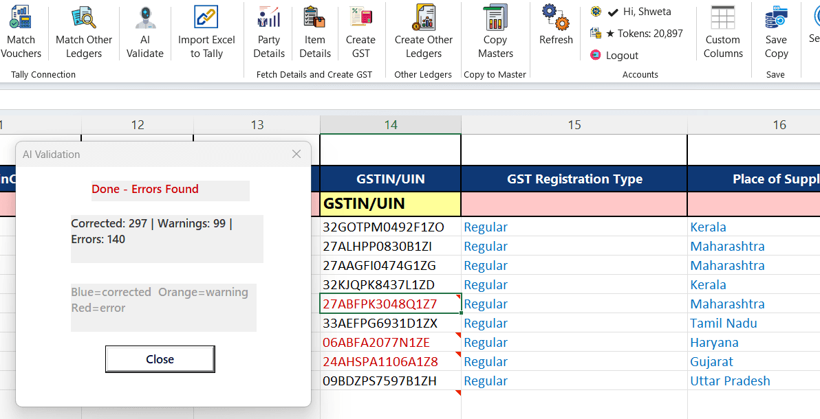 TallyConnects AI validation comparing Excel data with Tally in real-time with color-coded corrections