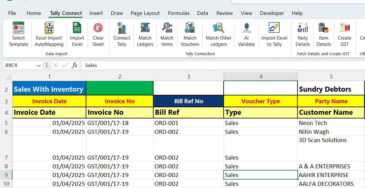 TallyConnects AI auto-mapping matching Excel columns to Tally fields automatically