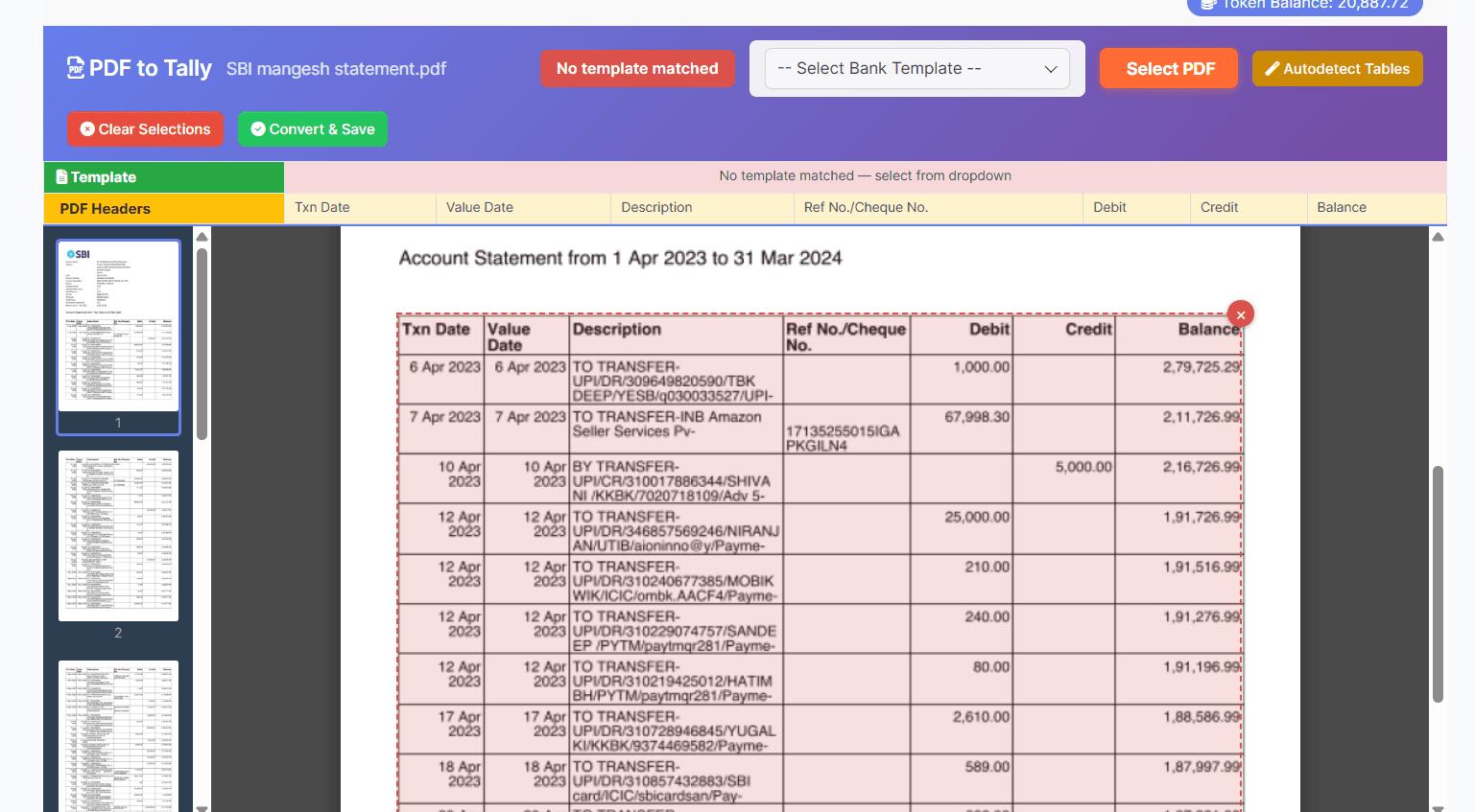 TallyConnects PDF file selection and upload interface for importing to Tally