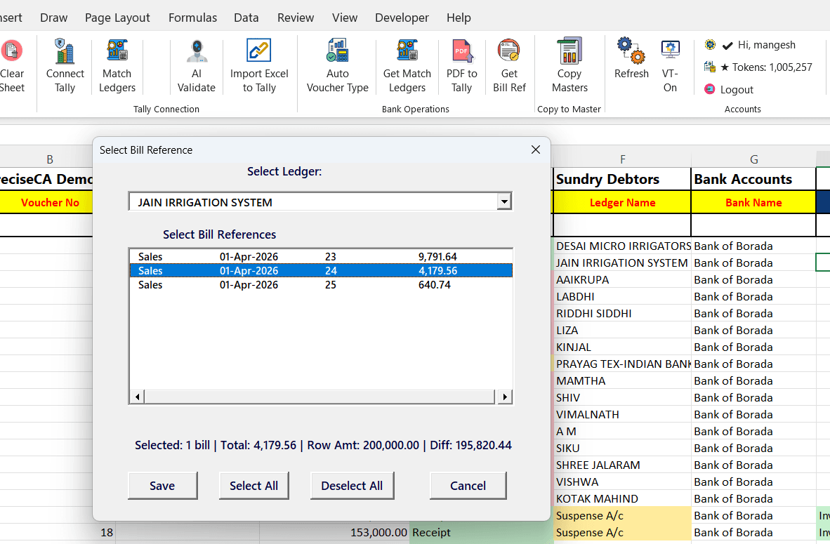 Step 3: Bill reference matching from Tally before posting bank statement vouchers in TallyConnects